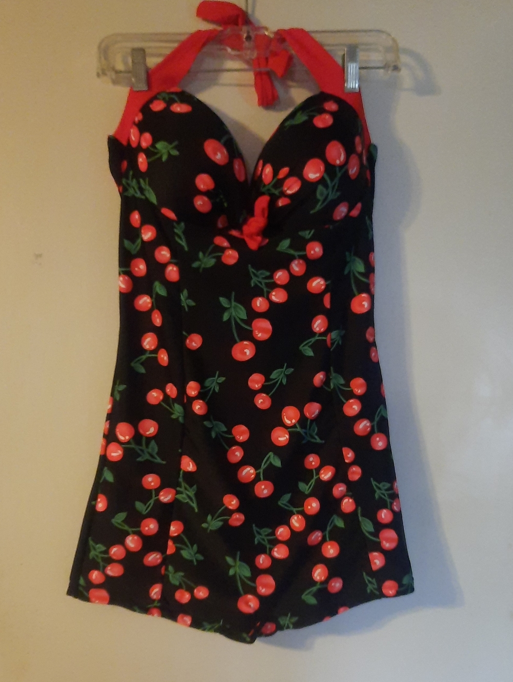Retro Cherry Halter Swimdress - Black with Red Cherries Hot Topic